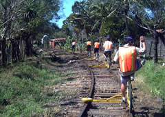 Look Ma, One Hand!  Riders enjoying themselves while riding railbikes in Alajuela, Costa Rica